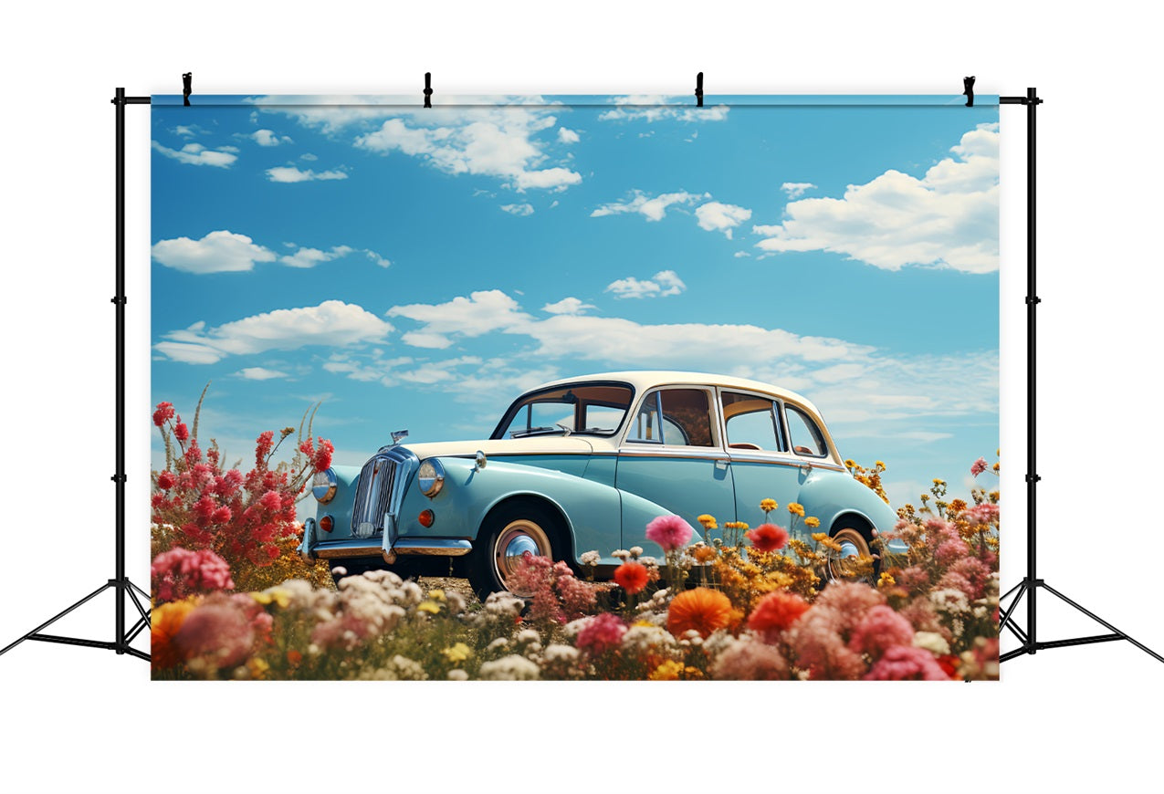 Backdrop Valentine's Day Blue Car Flower Field Backdrop UK BRP12-179