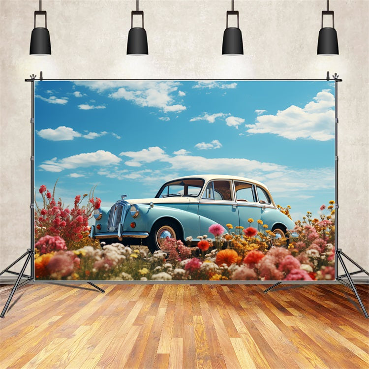 Backdrop Valentine's Day Blue Car Flower Field Backdrop UK BRP12-179