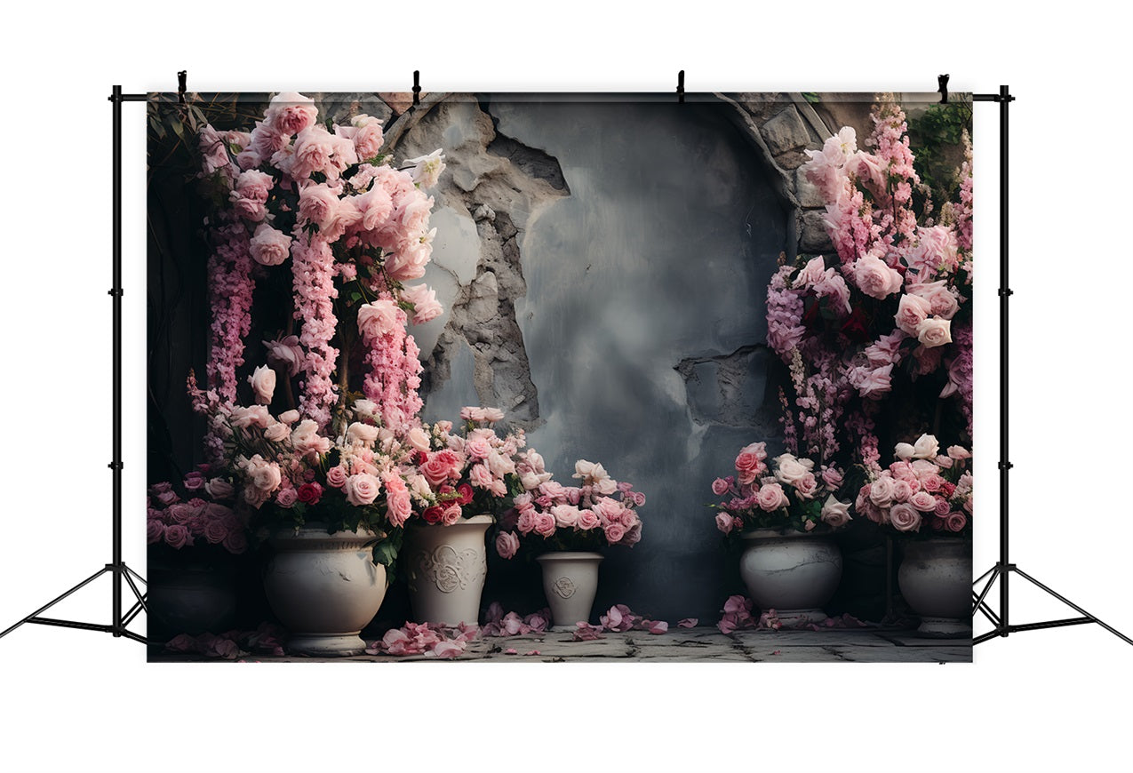 Backdrop Valentines Stone Wall Cascading Pink Roses Backdrop UK BRP12-183