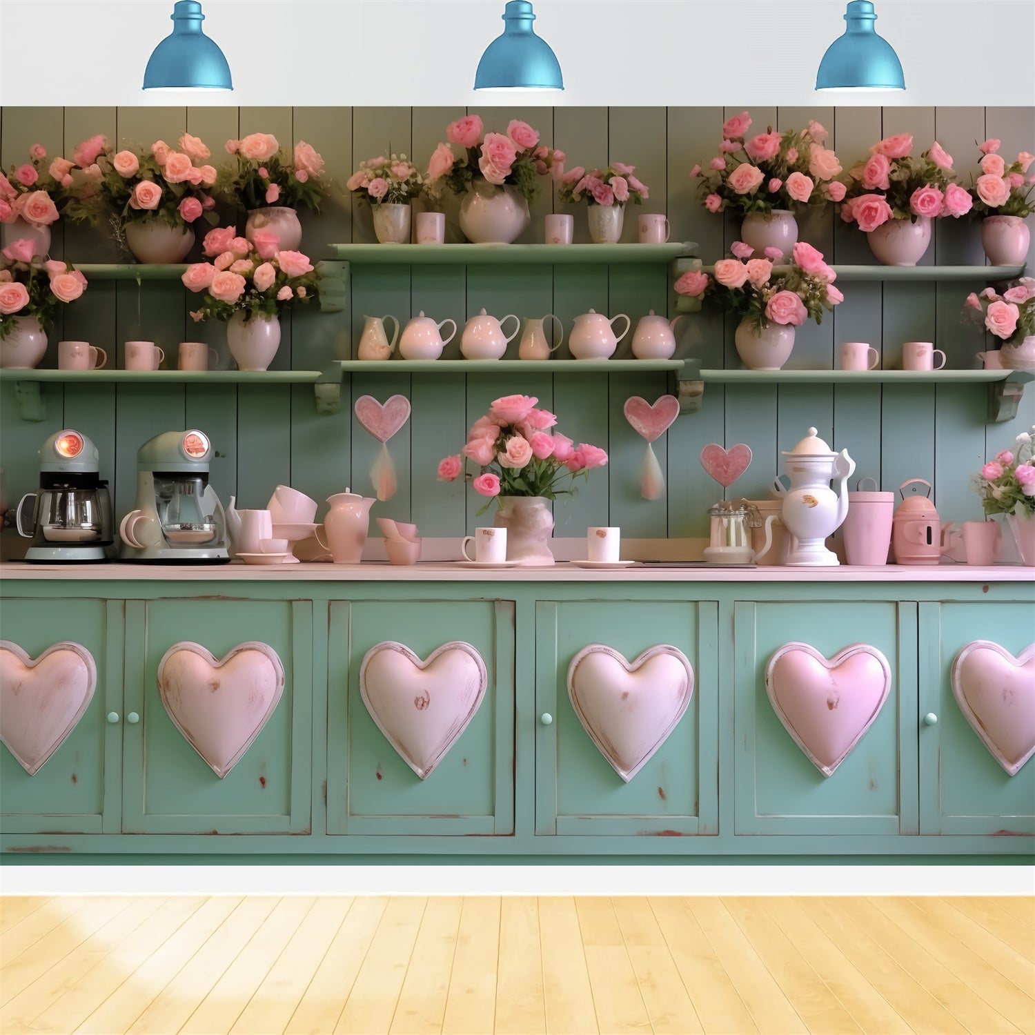 Valentine's Day Backdrop Kitchen Green Heart Cabinet Backdrop UK BRP12-200