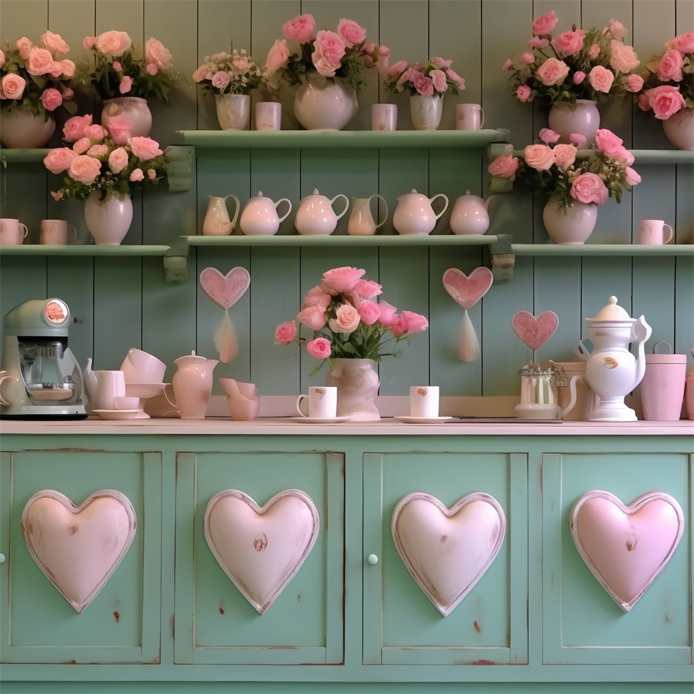 Valentine's Day Backdrop Kitchen Green Heart Cabinet Backdrop UK BRP12-200