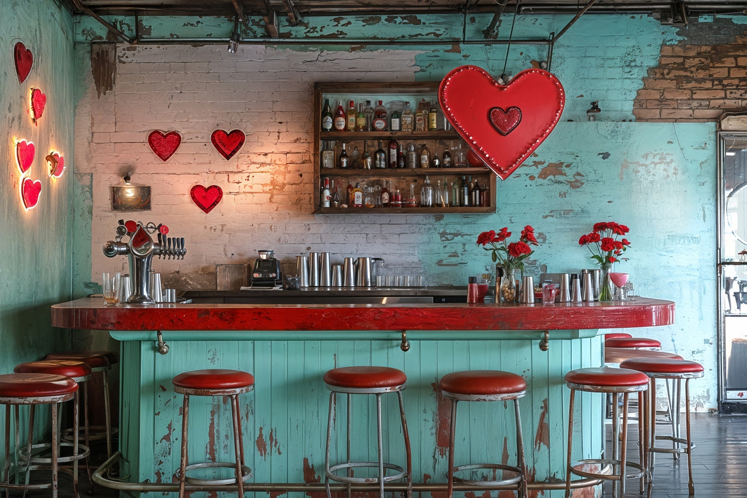 Valentine's Photo Backdrop Vintage Bar Red Hearts Backdrop UK BRP12-227