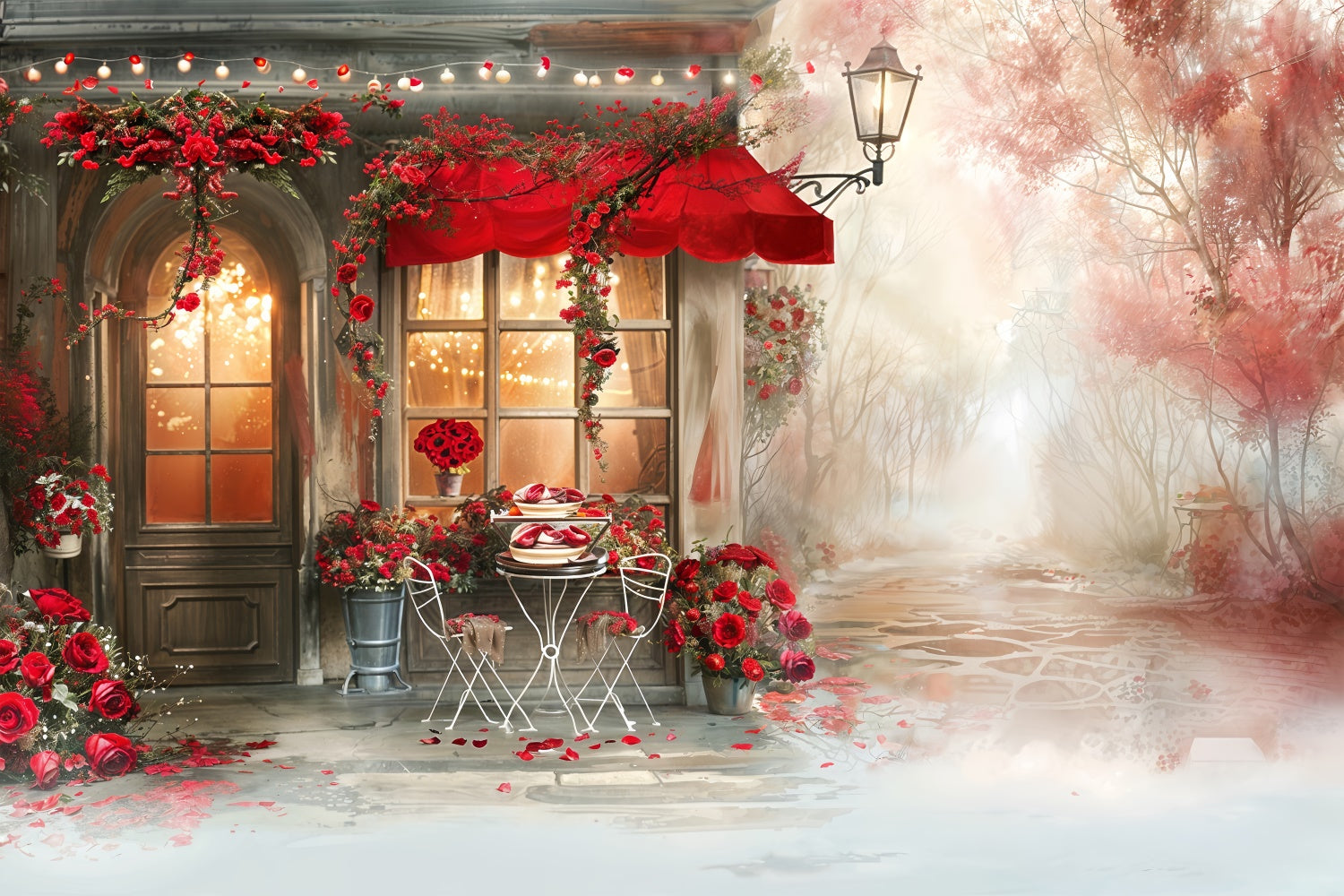 Valentine Theme Backdrop Romantic Cafe Scene Red Rose Backdrop UK BRP12-235