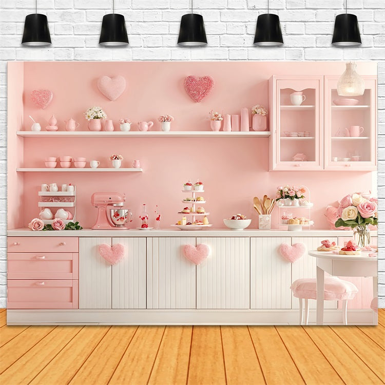 Valentine's Photo Backdrop Pink Kitchen Heart Shelves Backdrop UK BRP12-239