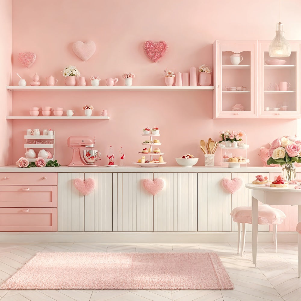 Valentine's Photo Backdrop Pink Kitchen Heart Shelves Backdrop UK BRP12-239