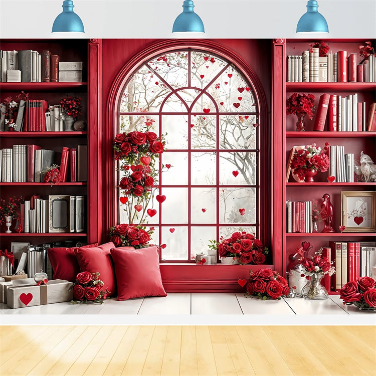 Valentine Photography Backdrop Red Themed Library Window Roses Backdrop UK BRP12-242