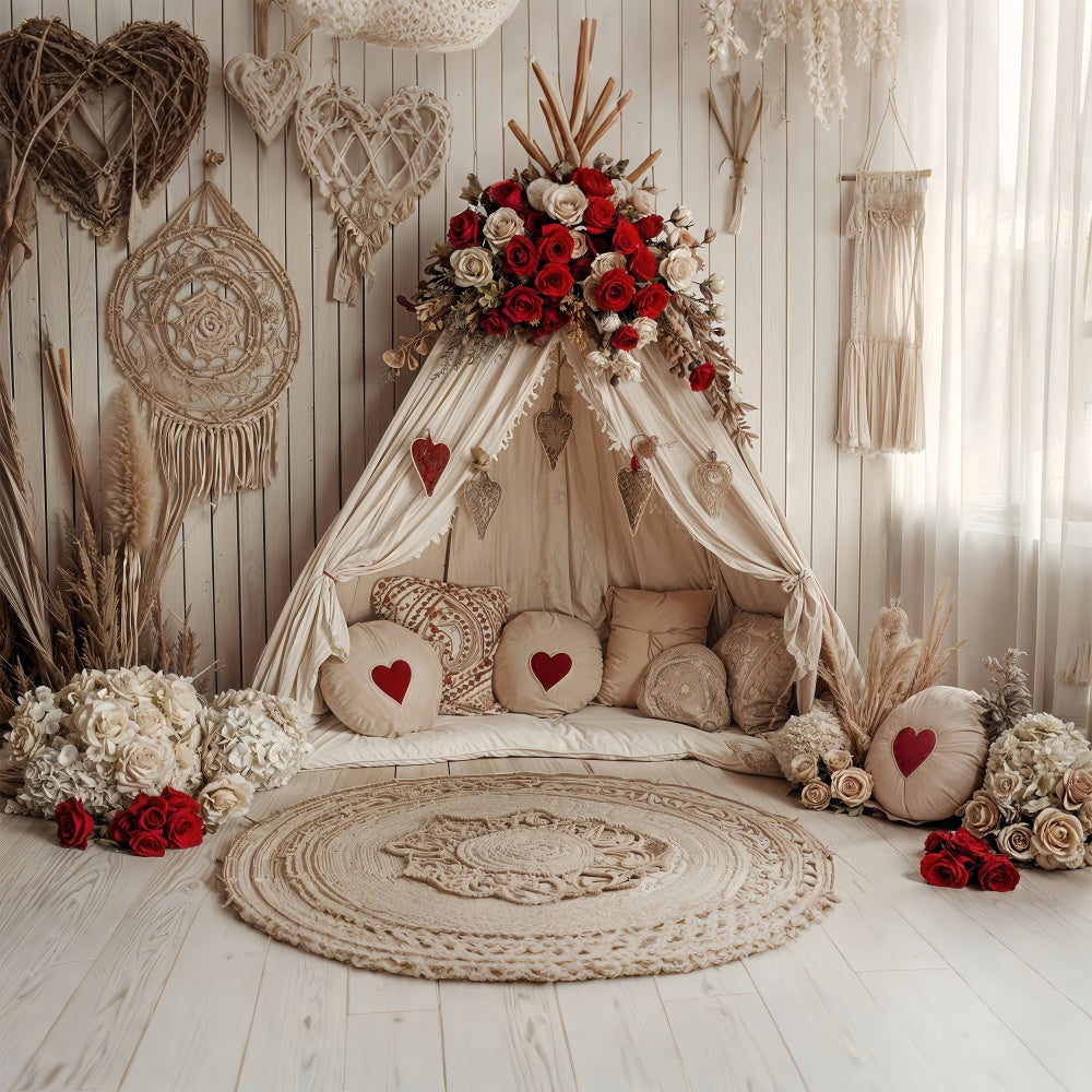 Valentines Photo Backdrops Boho Heart Roses Tent Backdrop UK BRP12-255