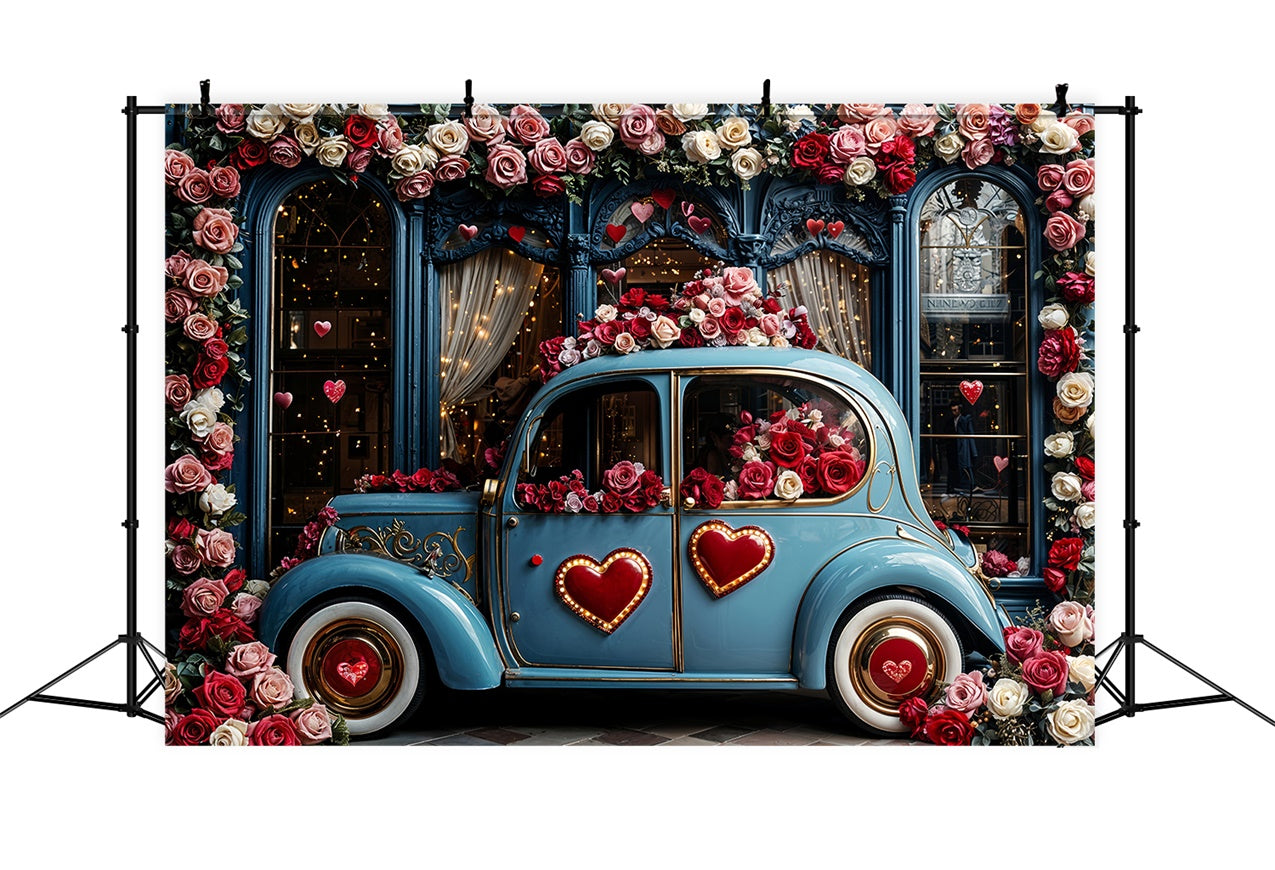 Valentine Day Backdrop Love-Themed Blue Car Floral Backdrop UK BRP12-259