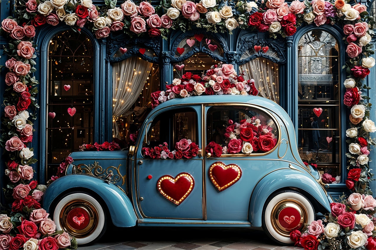 Valentine Day Backdrop Love-Themed Blue Car Floral Backdrop UK BRP12-259