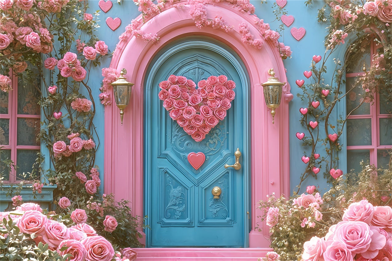 Valentine Backdrops Pink Rose Heart Blue Door Backdrop UK BRP12-261