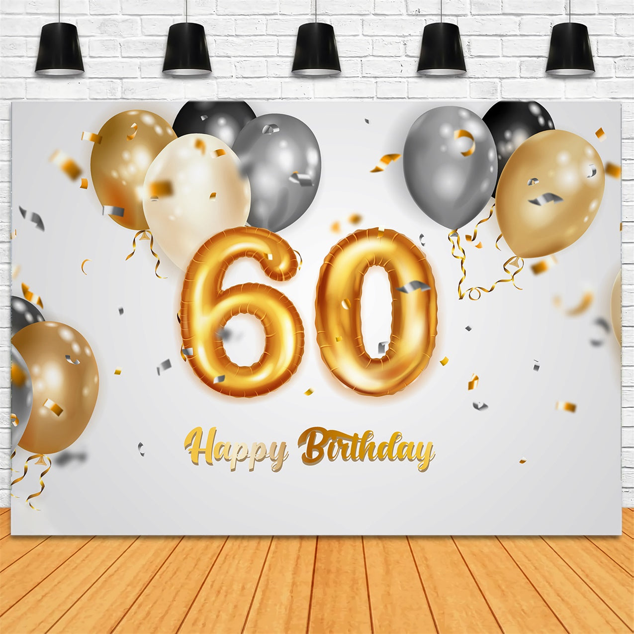 60th Birthday Photo Backdrop Elegant Black Gold Silver Backdrop UK BRP12-266