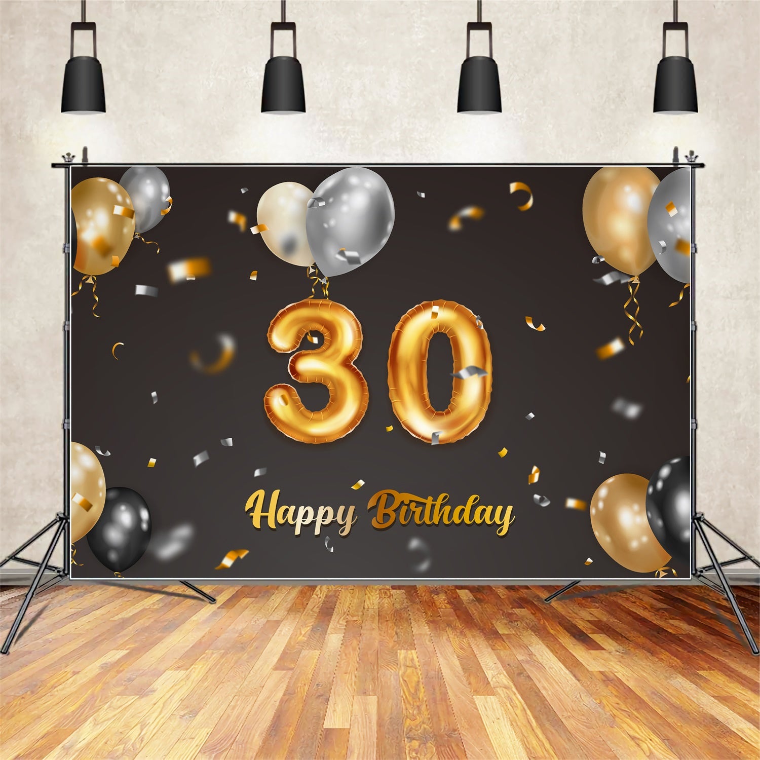 30th Birthday Photo Backdrop Classic Black Gold Balloons Backdrop UK BRP12-268