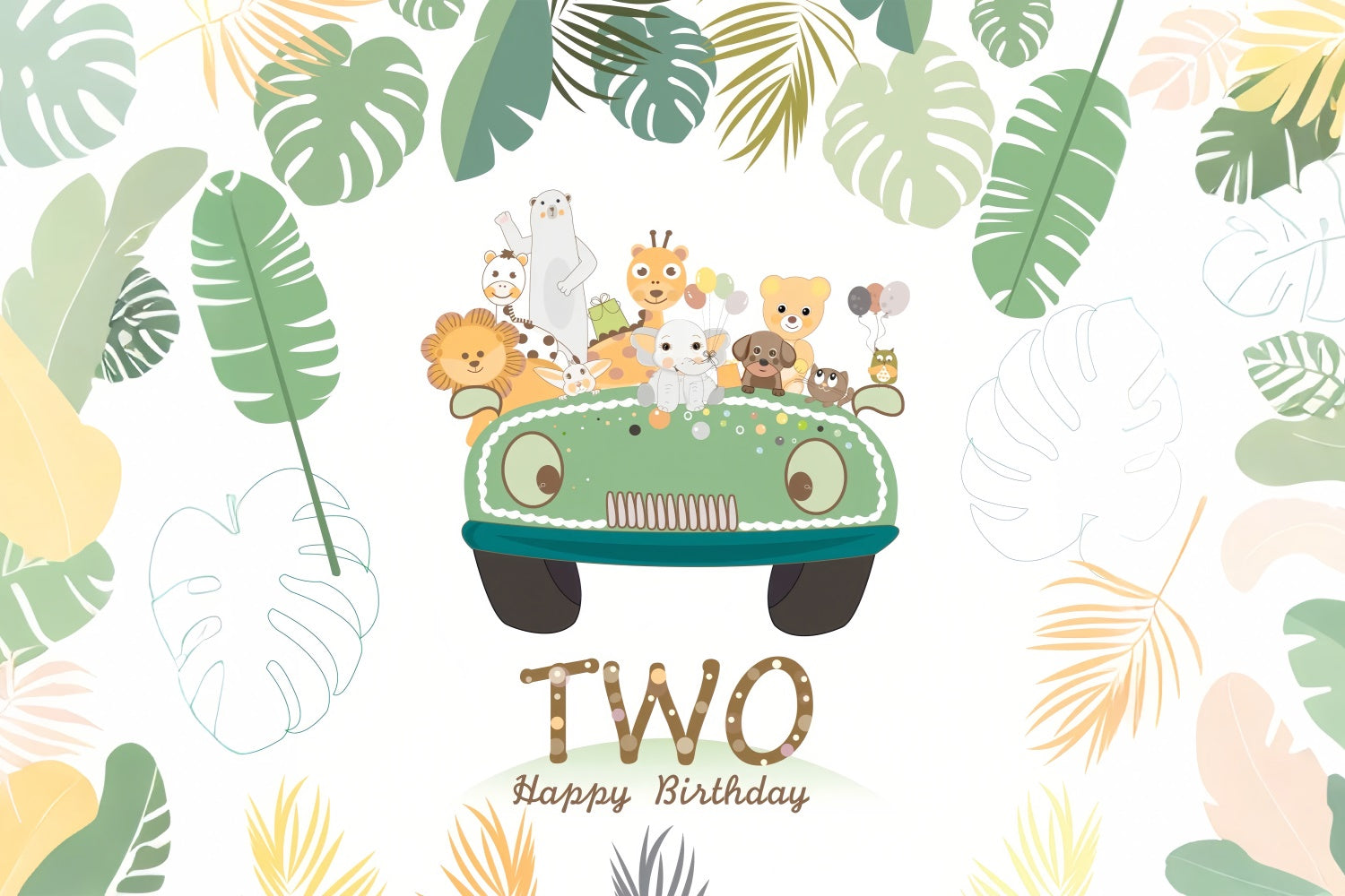 Personalized Birthday Backdrops Jungle Animals Two-Year Party Backdrop UK BRP12-292