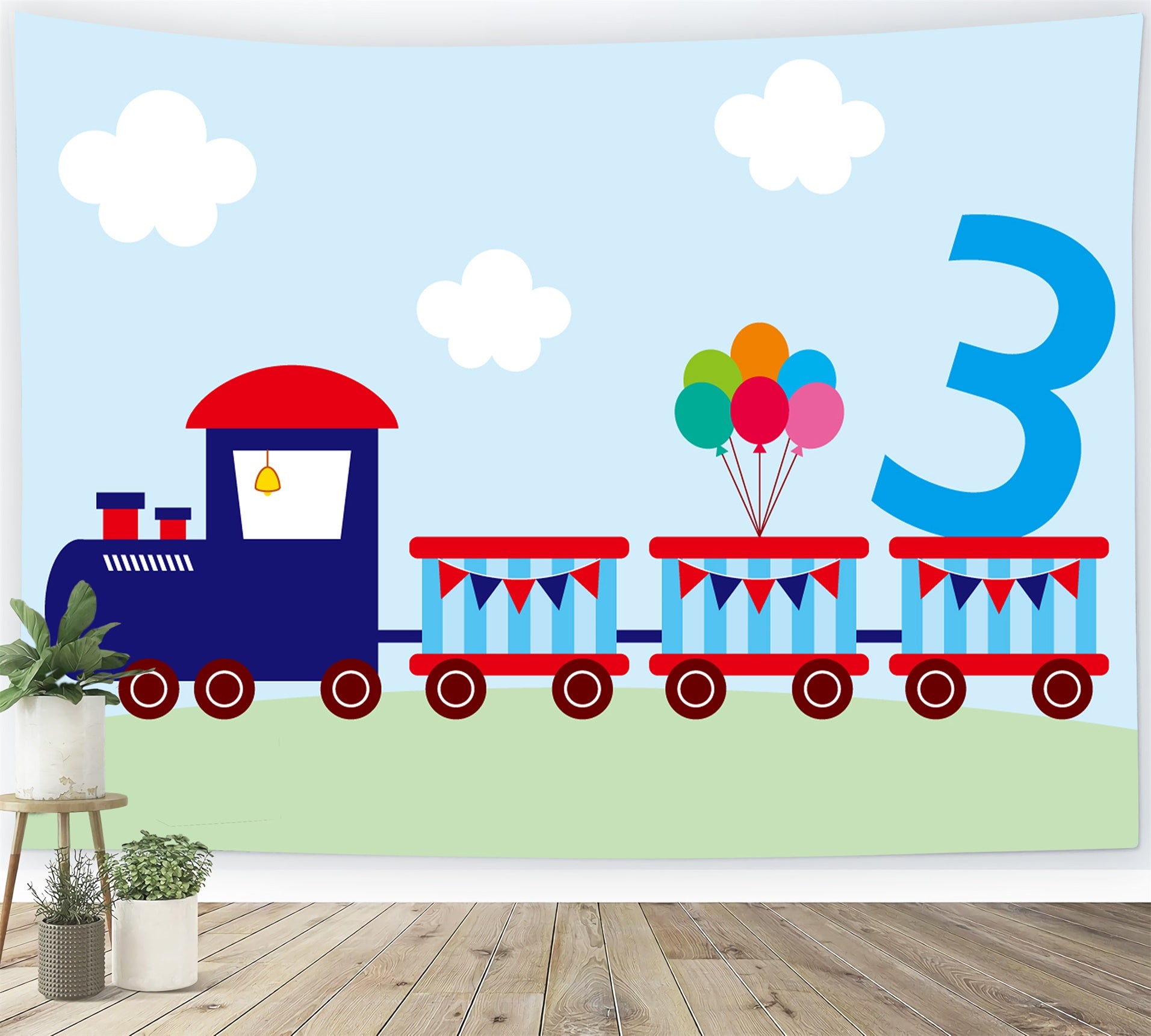 Custom Birthday Backdrop Train Themed Balloon Three Backdrop UK BRP12-297