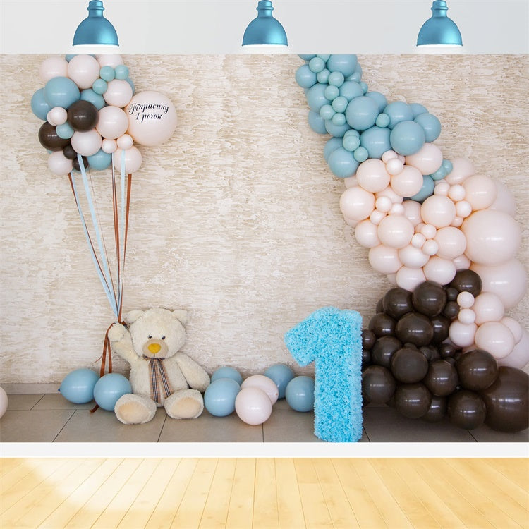 Personalised Birthday Backdrop Bear Balloon First Year Celebration Backdrop UK BRP12-299