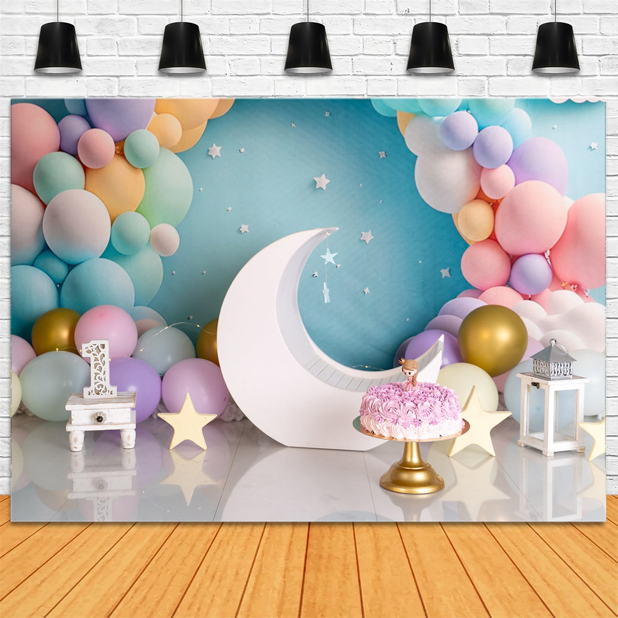 Custom Made Birthday Backdrops Pastel Balloons Moon Backdrop UK BRP12-300