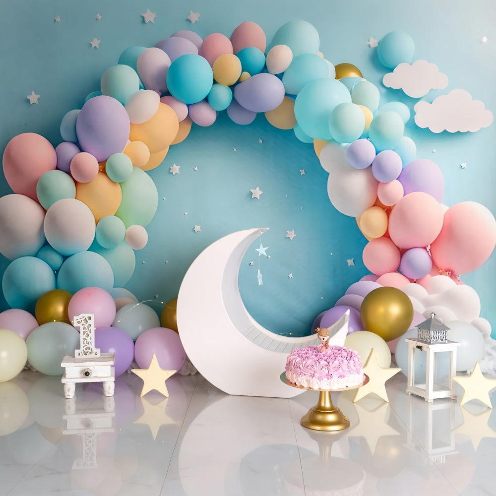 Custom Made Birthday Backdrops Pastel Balloons Moon Backdrop UK BRP12-300