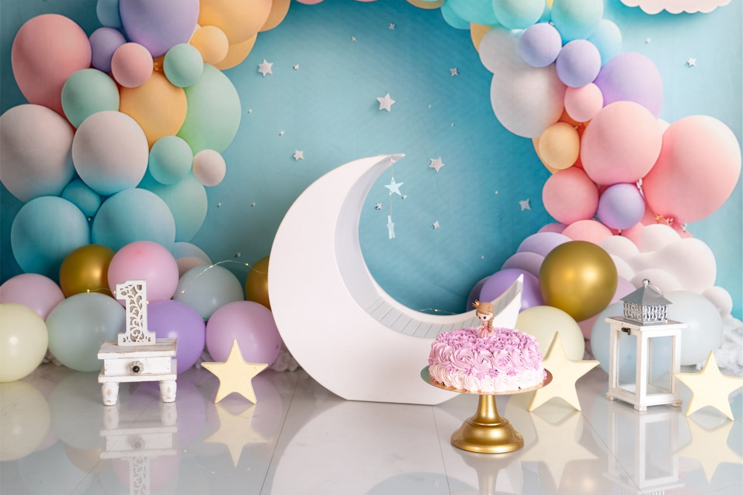 Custom Made Birthday Backdrops Pastel Balloons Moon Backdrop UK BRP12-300