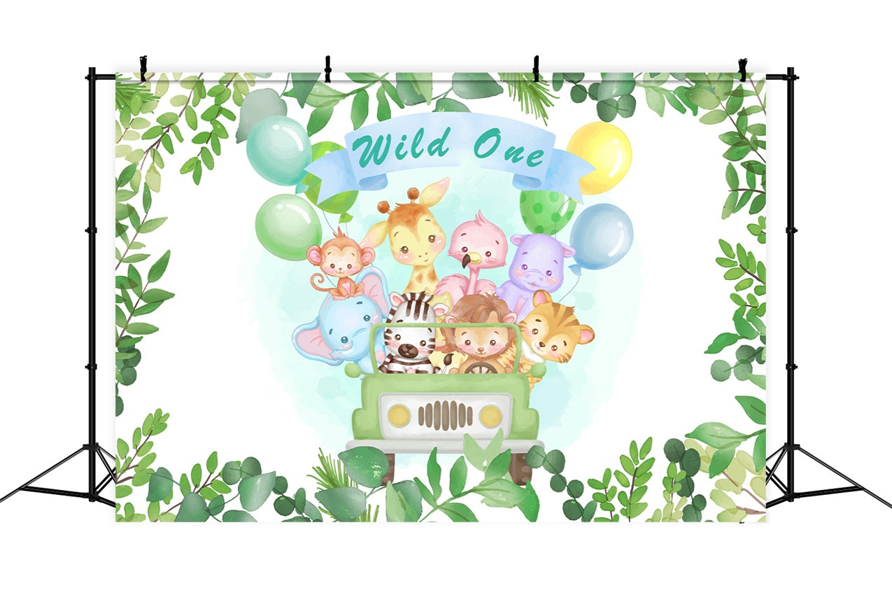 Customized Birthday Backdrop Wild One Safari Animals Balloon Backdrop UK BRP12-302