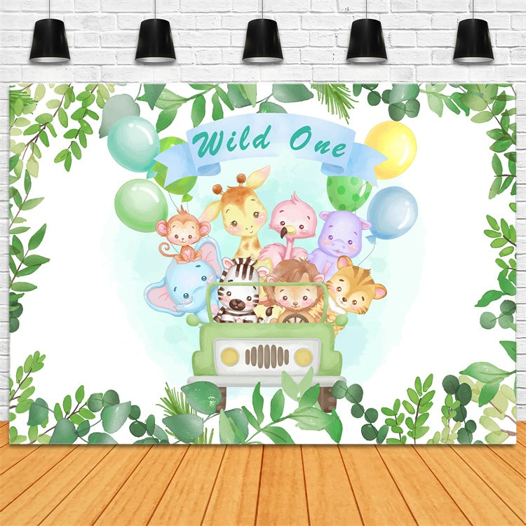 Customized Birthday Backdrop Wild One Safari Animals Balloon Backdrop UK BRP12-302