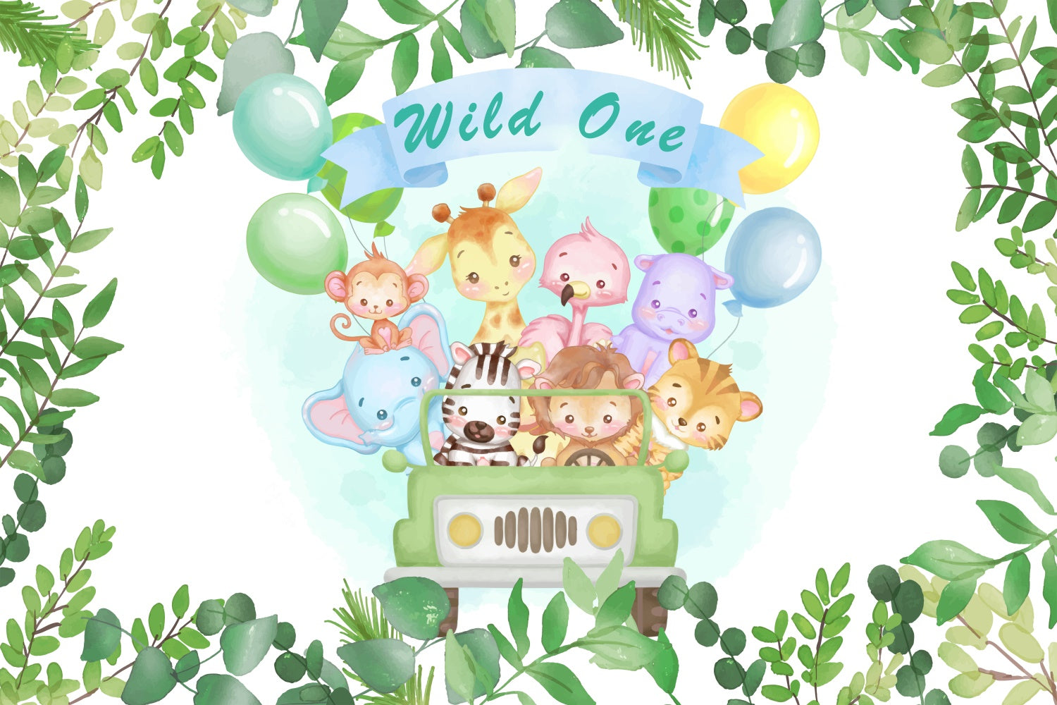 Customized Birthday Backdrop Wild One Safari Animals Balloon Backdrop UK BRP12-302