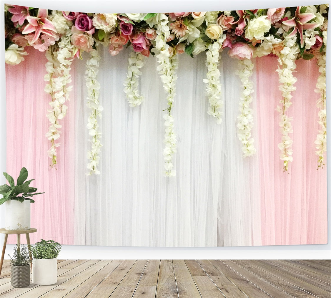 Wedding Photography Backdrops Pink White Floral Drapes Backdrop UK BRP12-383