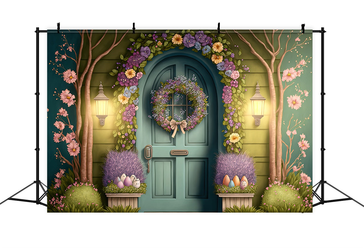 Photography Easter Backdrop Blooming Wreath Green Door Backdrop UK BRP12-391