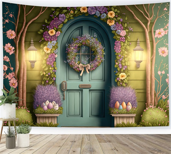 Photography Easter Backdrop Blooming Wreath Green Door Backdrop UK BRP12-391