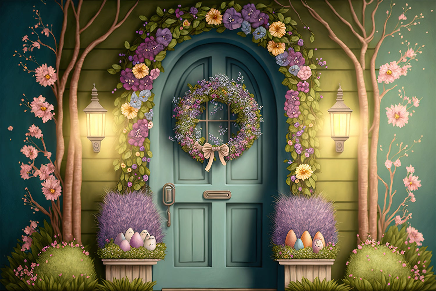 Photography Easter Backdrop Blooming Wreath Green Door Backdrop UK BRP12-391