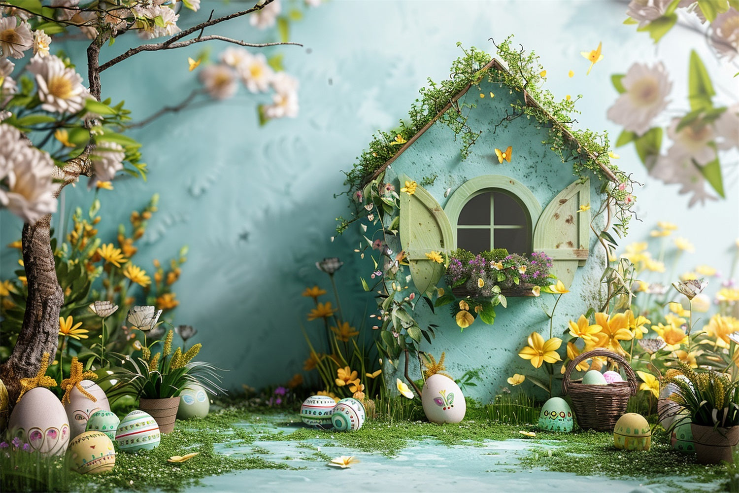 Easter Picture Backdrops Garden Cottage Yellow Blooms Backdrop UK BRP12-399