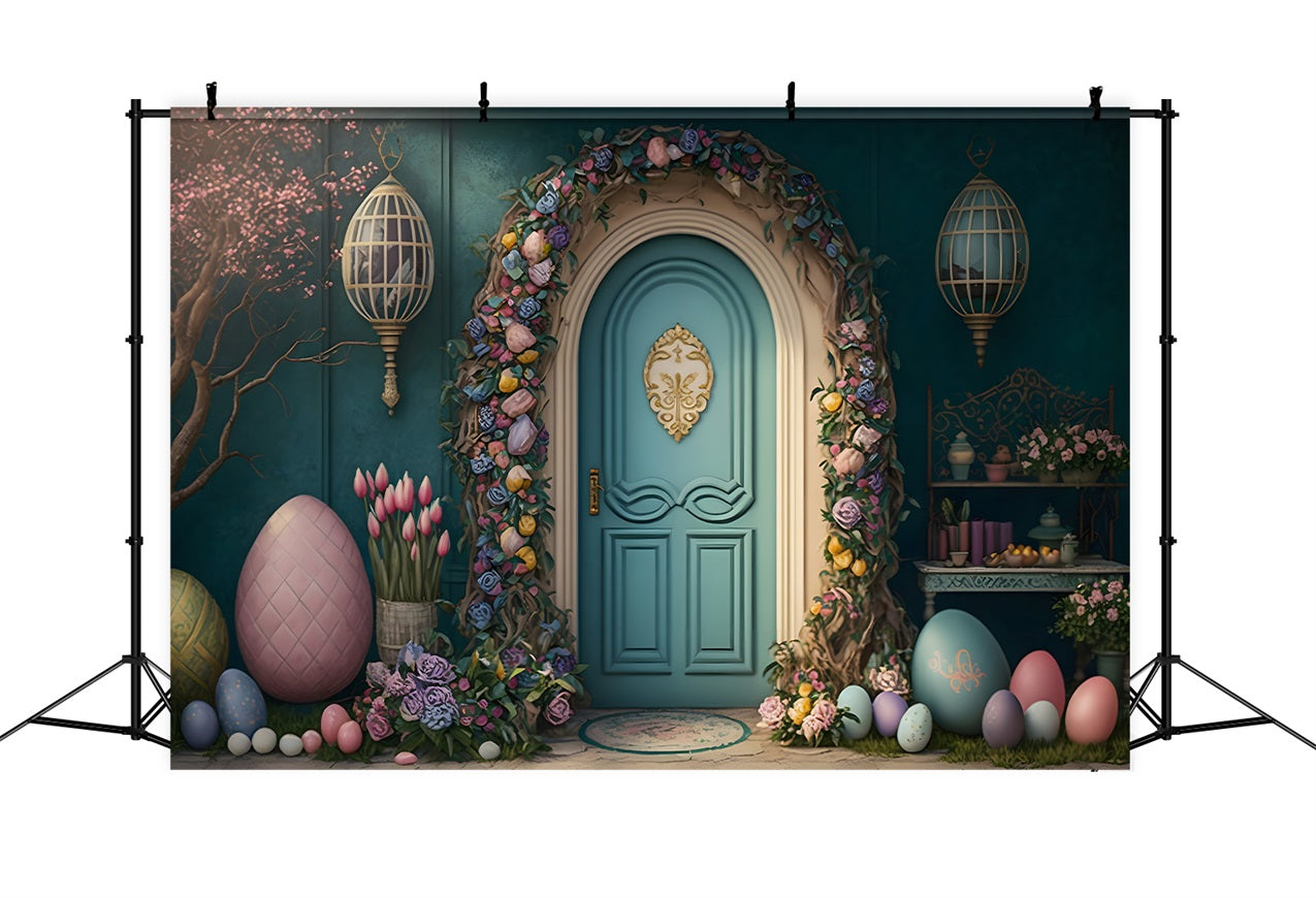 Easter Backdrops Elegant Floral Door Pastel Eggs Backdrop UK BRP12-403