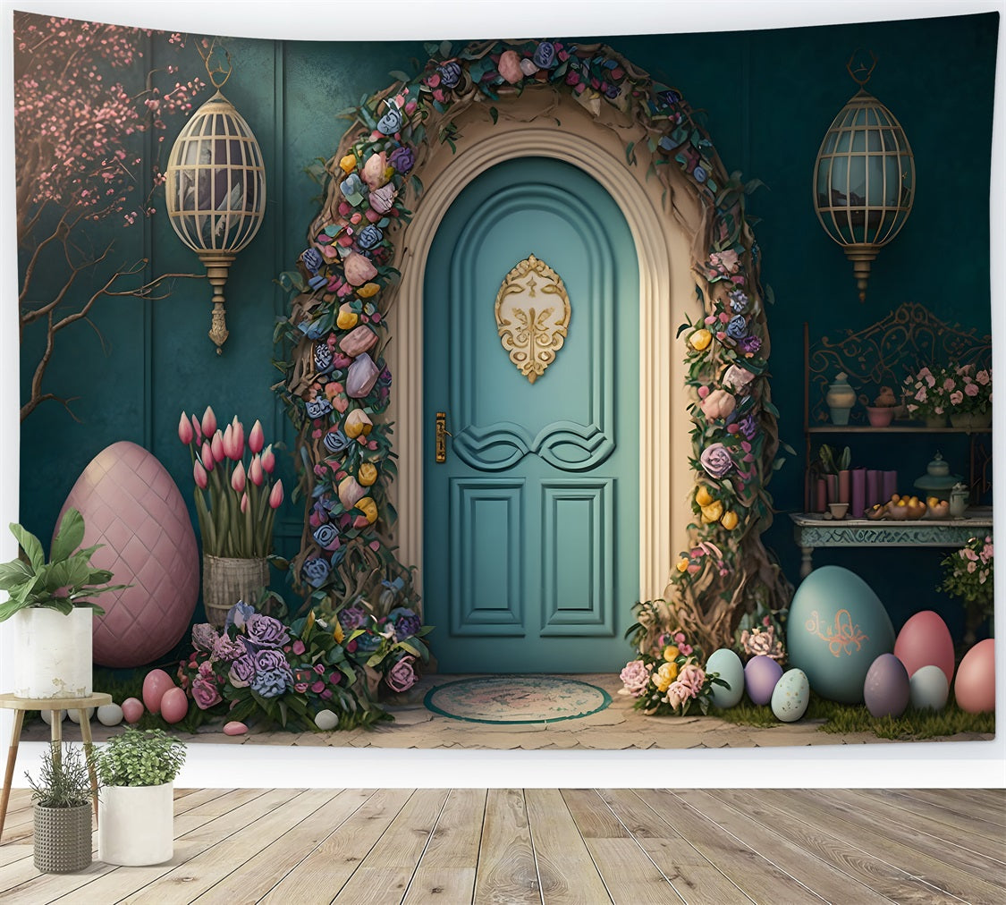 Easter Backdrops Elegant Floral Door Pastel Eggs Backdrop UK BRP12-403