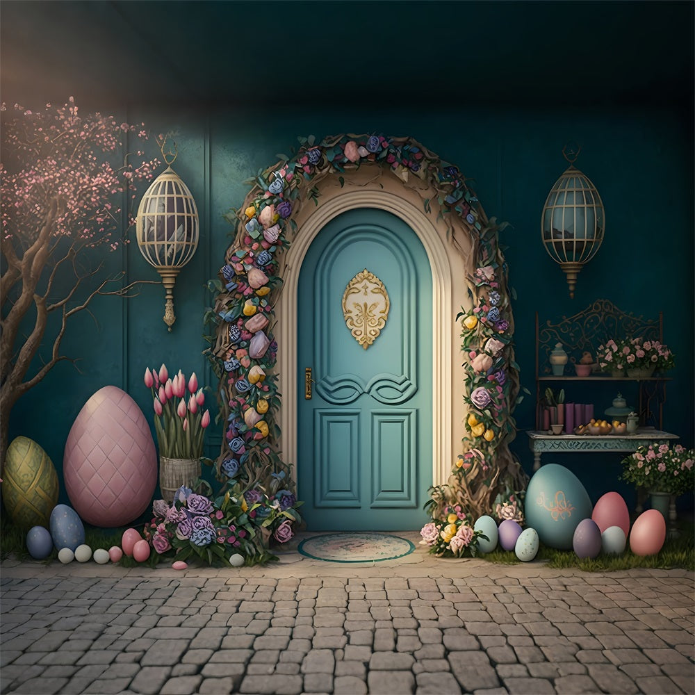 Easter Backdrops Elegant Floral Door Pastel Eggs Backdrop UK BRP12-403