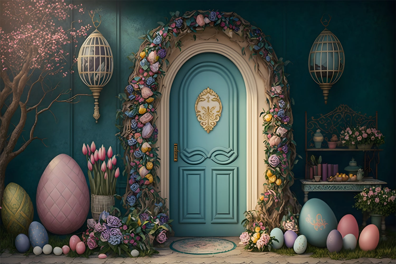 Easter Backdrops Elegant Floral Door Pastel Eggs Backdrop UK BRP12-403