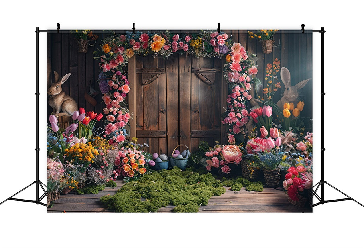 Easter Photo Backdrop Rustic Wooden Door Floral Bunny Backdrop UK BRP12-406