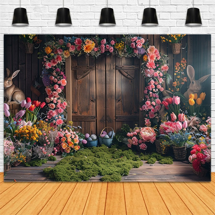 Easter Photo Backdrop Rustic Wooden Door Floral Bunny Backdrop UK BRP12-406