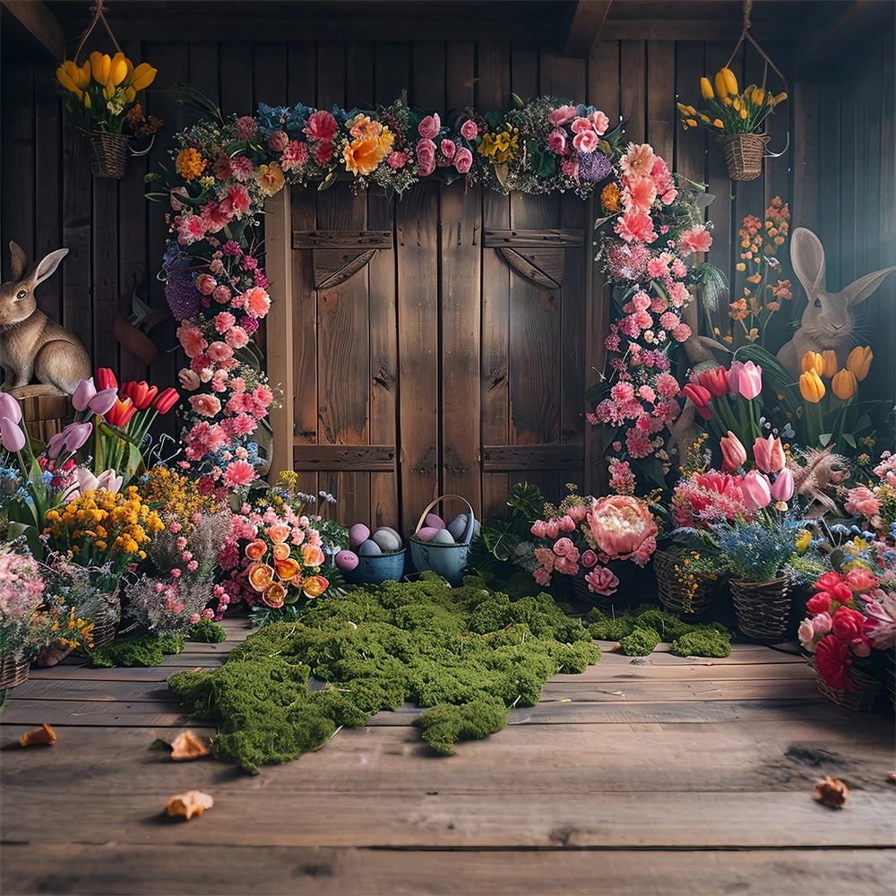 Easter Photo Backdrop Rustic Wooden Door Floral Bunny Backdrop UK BRP12-406