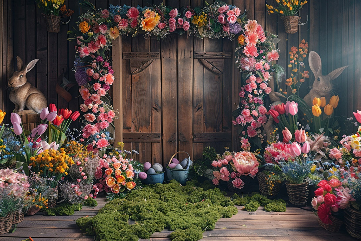 Easter Photo Backdrop Rustic Wooden Door Floral Bunny Backdrop UK BRP12-406