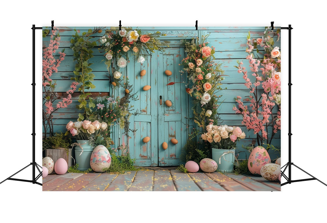 Easter Backdrop Light Blue Door Vibrant Floral Backdrop UK BRP12-409