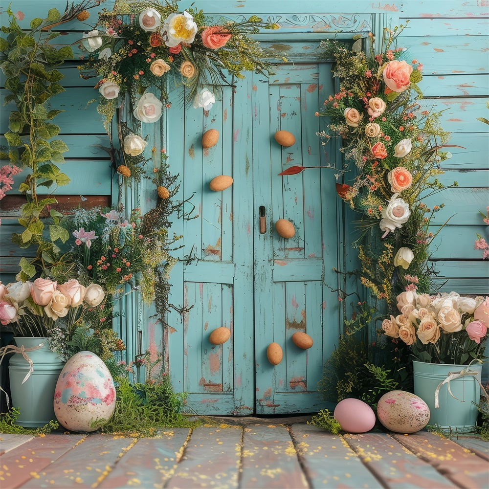 Easter Backdrop Light Blue Door Vibrant Floral Backdrop UK BRP12-409