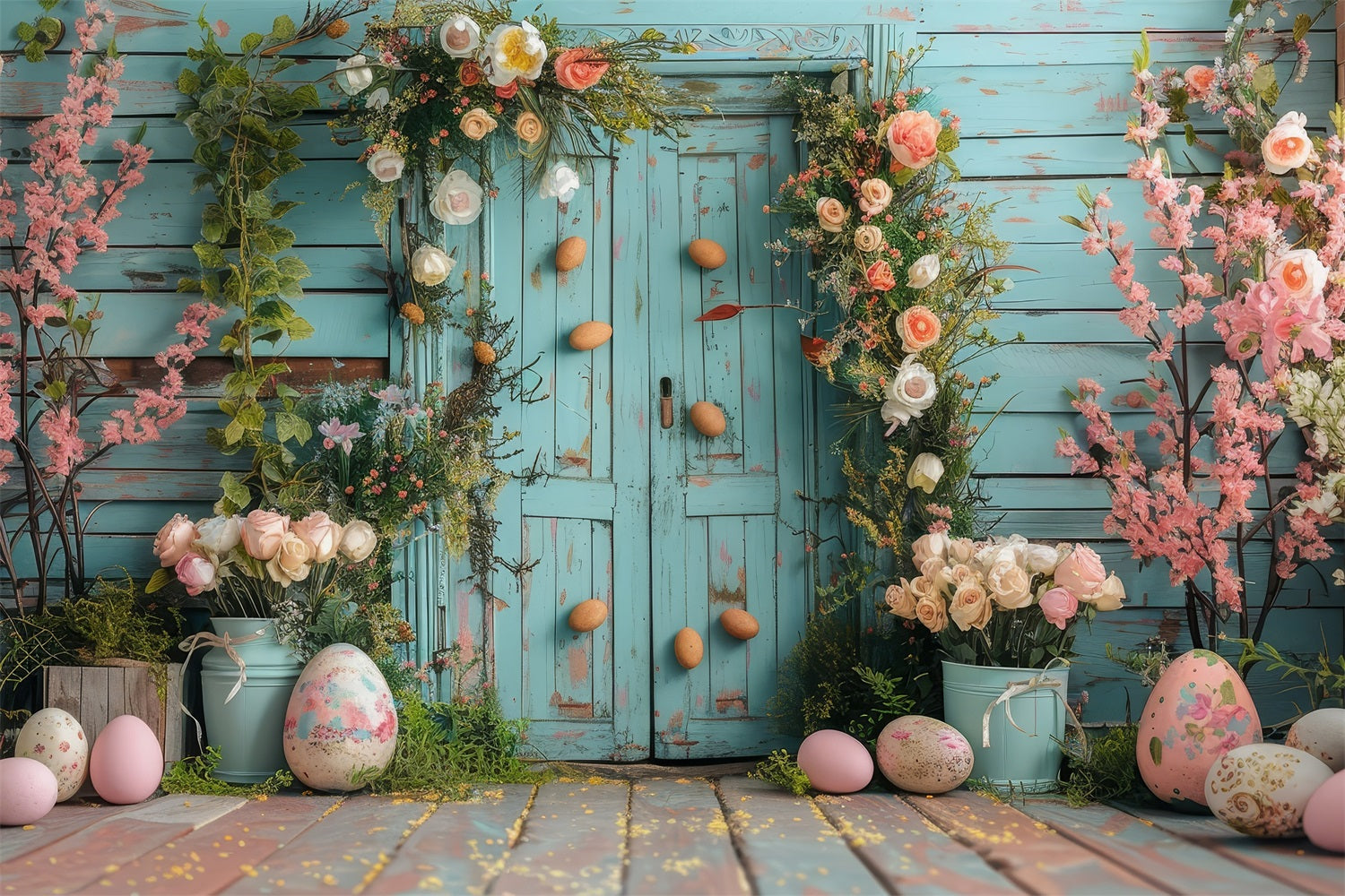 Easter Backdrop Light Blue Door Vibrant Floral Backdrop UK BRP12-409