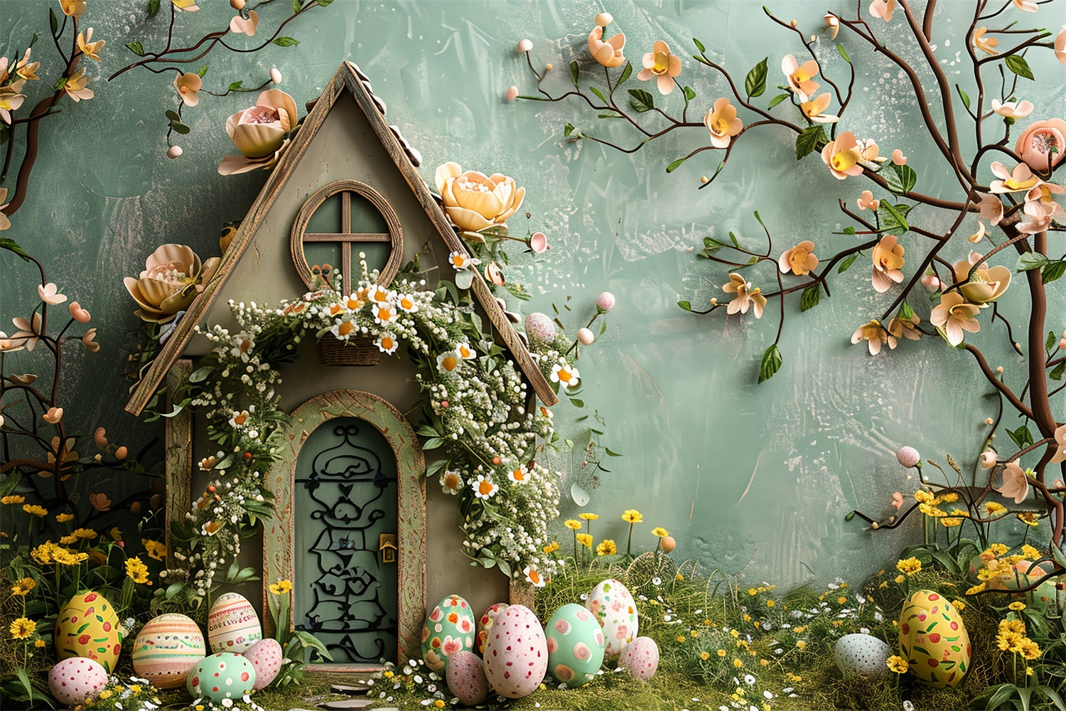 Photo Backdrops Easter Pastel Floral Decorated Cottage Backdrop UK BRP12-410