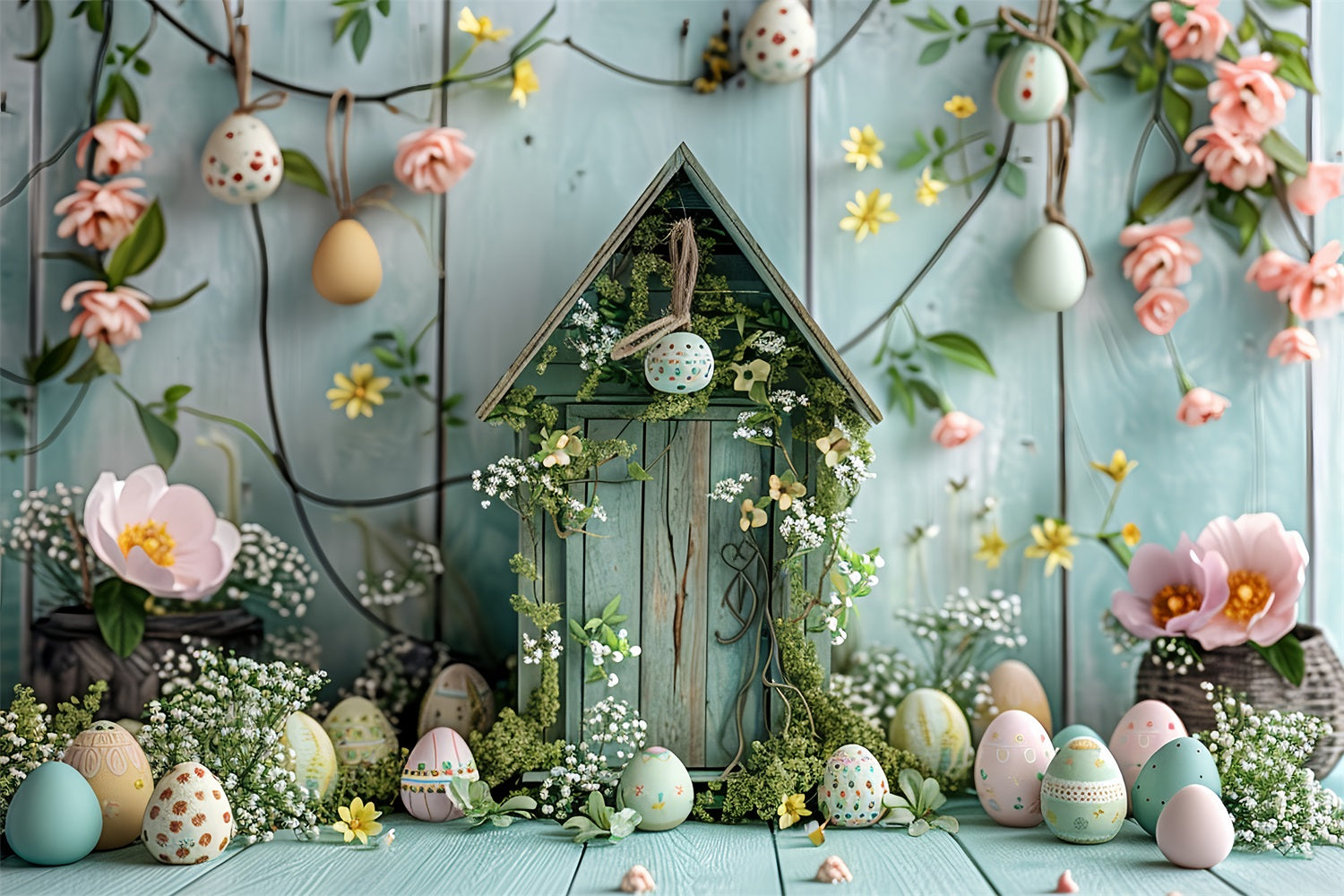 Easter Photography Backdrop Cottage Pastel Eggs and Flowers Backdrop UK BRP12-412