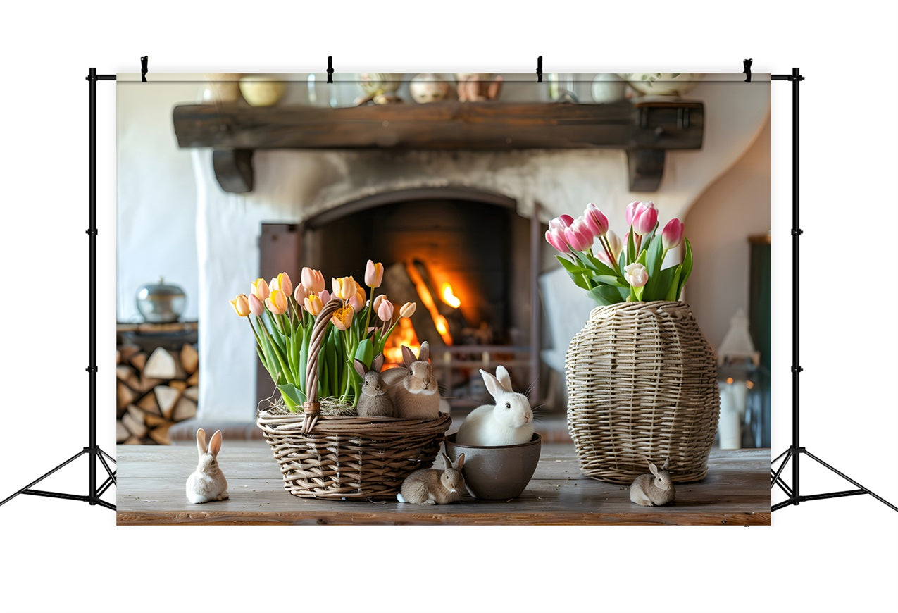 Photography Easter Backdrop Bright Tulips Cozy Fireplace Backdrop UK BRP12-417