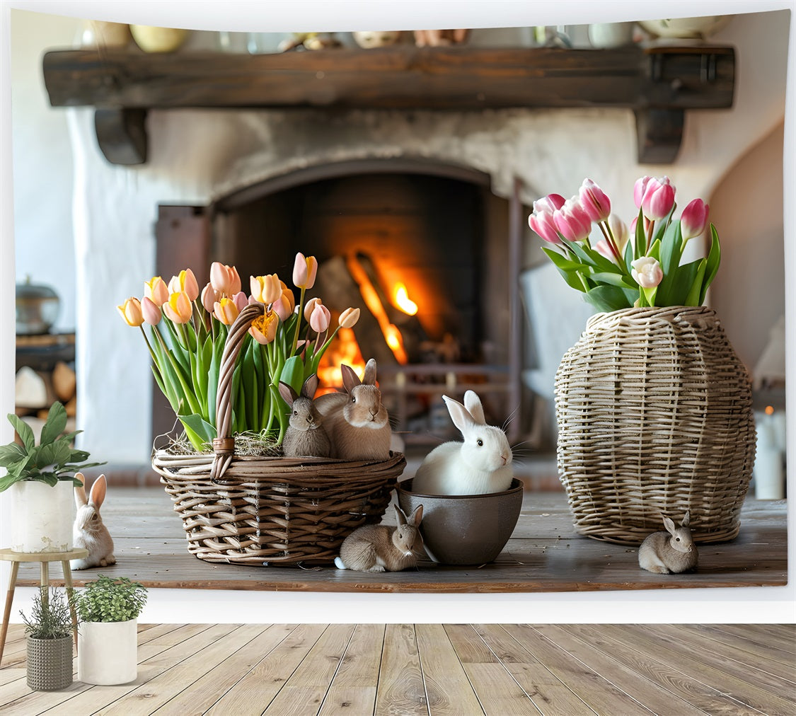 Photography Easter Backdrop Bright Tulips Cozy Fireplace Backdrop UK BRP12-417