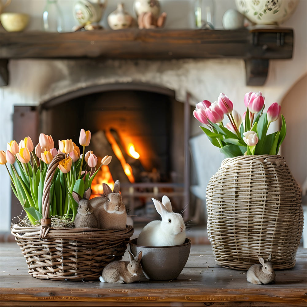 Photography Easter Backdrop Bright Tulips Cozy Fireplace Backdrop UK BRP12-417