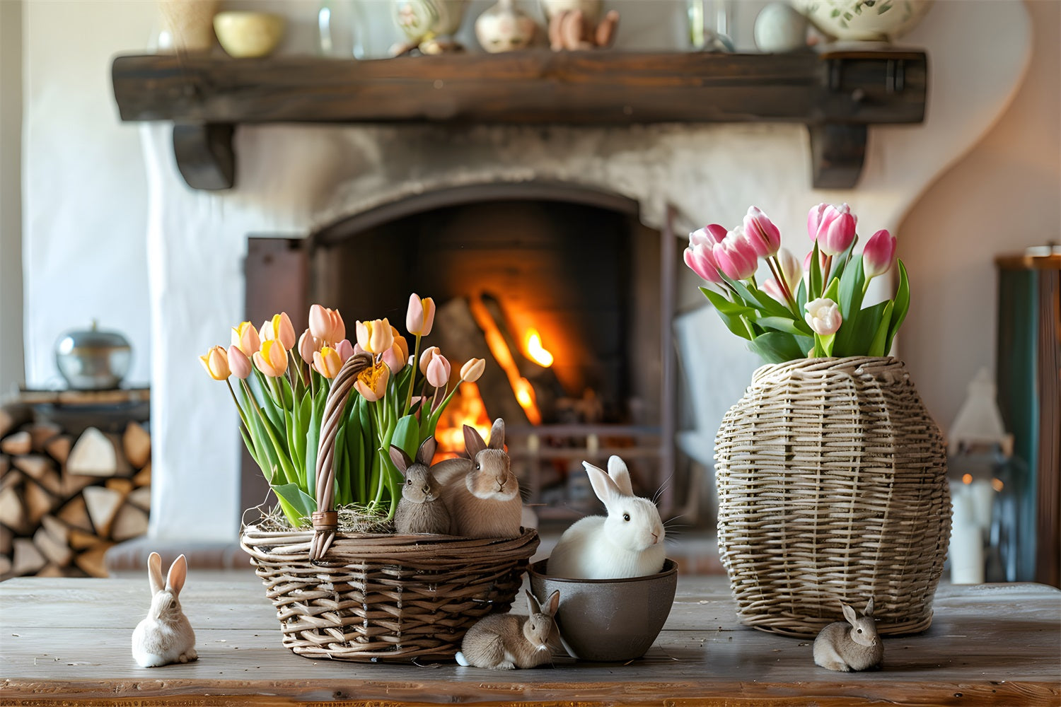 Photography Easter Backdrop Bright Tulips Cozy Fireplace Backdrop UK BRP12-417