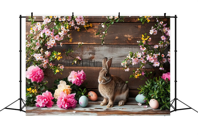 Easter Backdrop Pink Blooms Bunny Rustic Wooden Backdrop UK BRP12-421