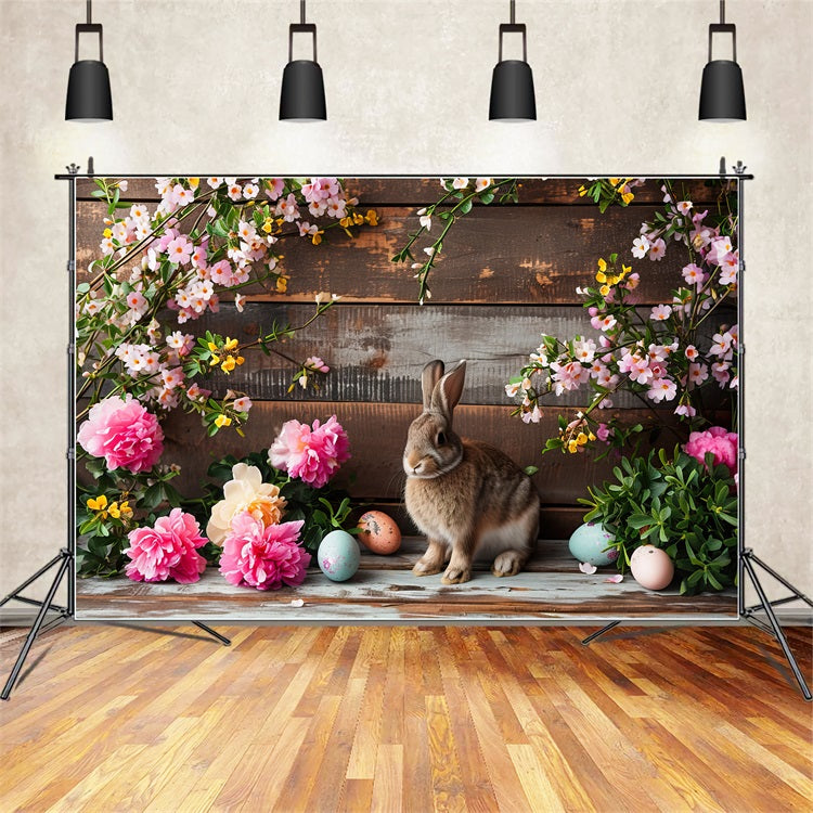 Easter Backdrop Pink Blooms Bunny Rustic Wooden Backdrop UK BRP12-421