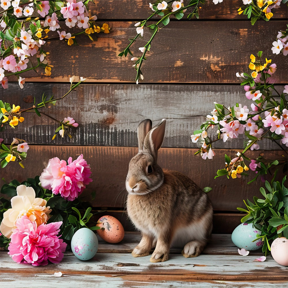 Easter Backdrop Pink Blooms Bunny Rustic Wooden Backdrop UK BRP12-421